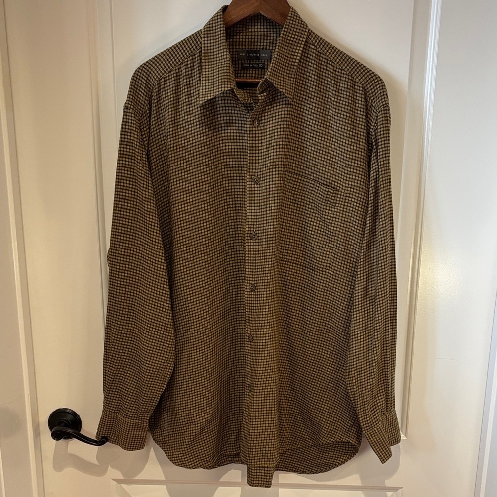 Hart Schaffner Marx Mens XL Italian Made Brown Tan Cotton Check Shirt